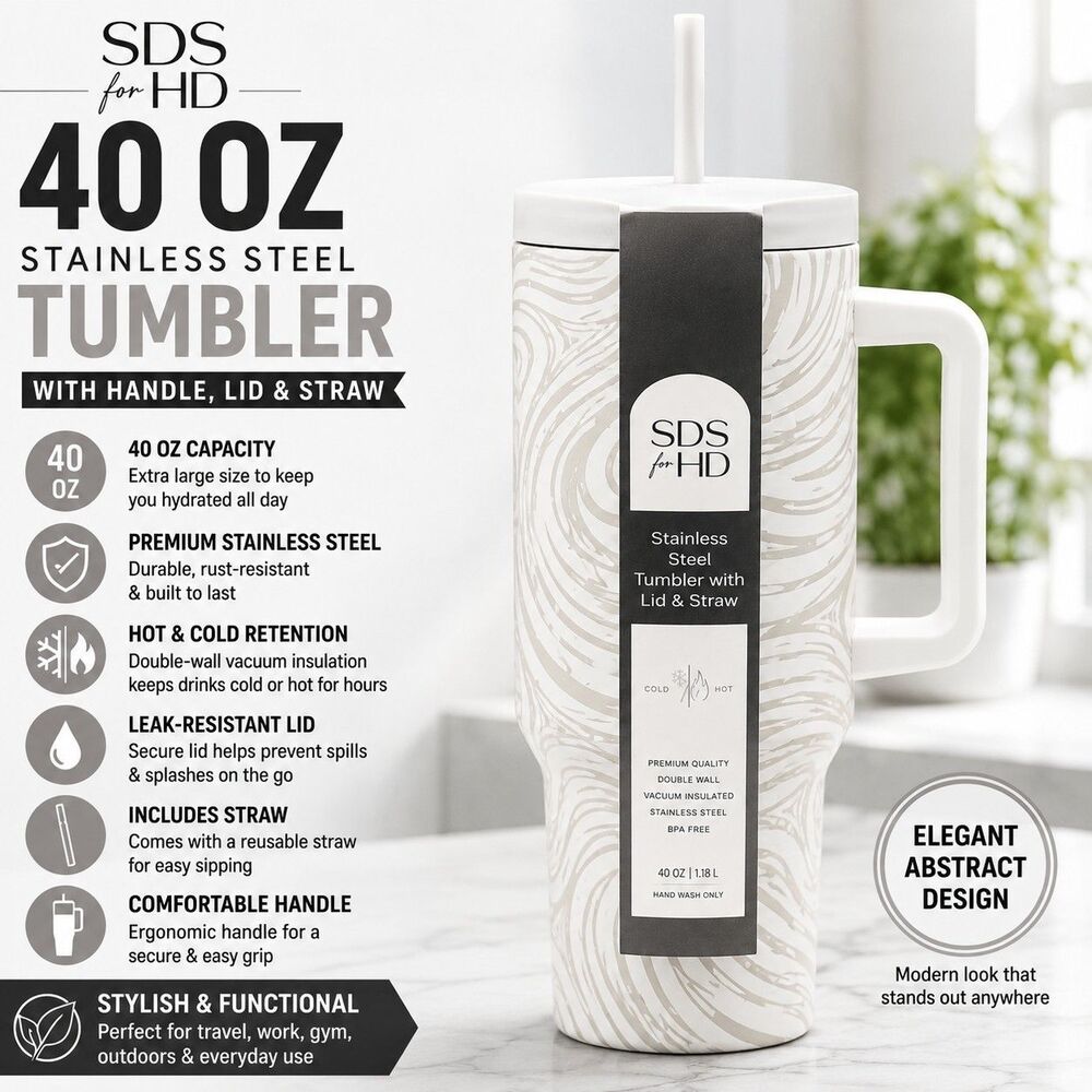 SDS for HD 40 oz Stainless Steel Tumbler Handle Lid Straw White Abstract Travel